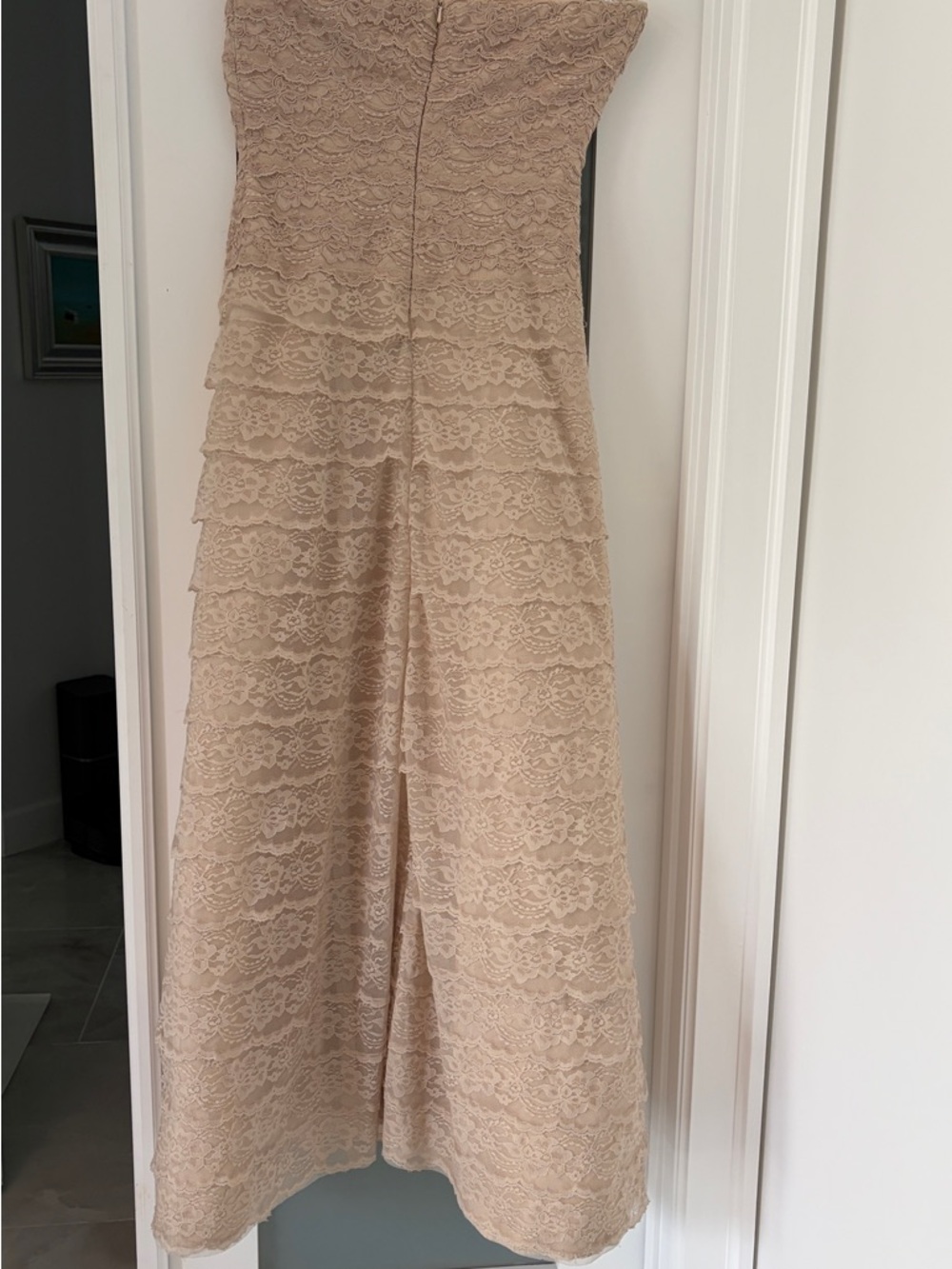 Carmen Marc Valvo Strapless Tiered Lace Midi Dress in Beige